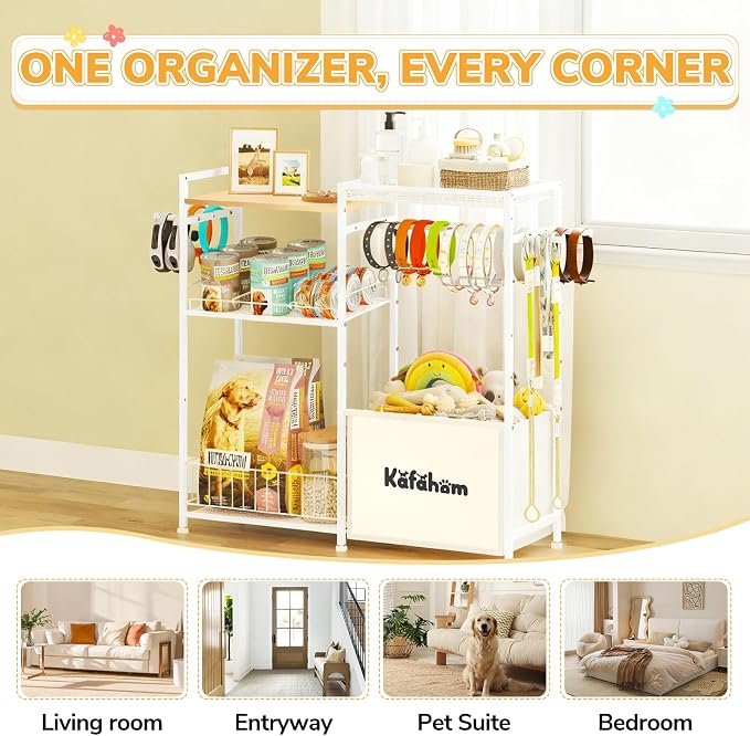 KAFAHOM Dog Toy Basket with Collar Leash Holder Hooks, Large Pet Bin, Dog Toy Box for Living Room Area, Cat Stuff Storage Organizer with Cabinet and Can Dispenser, Great Gifts for Pet Lovers - Image 6