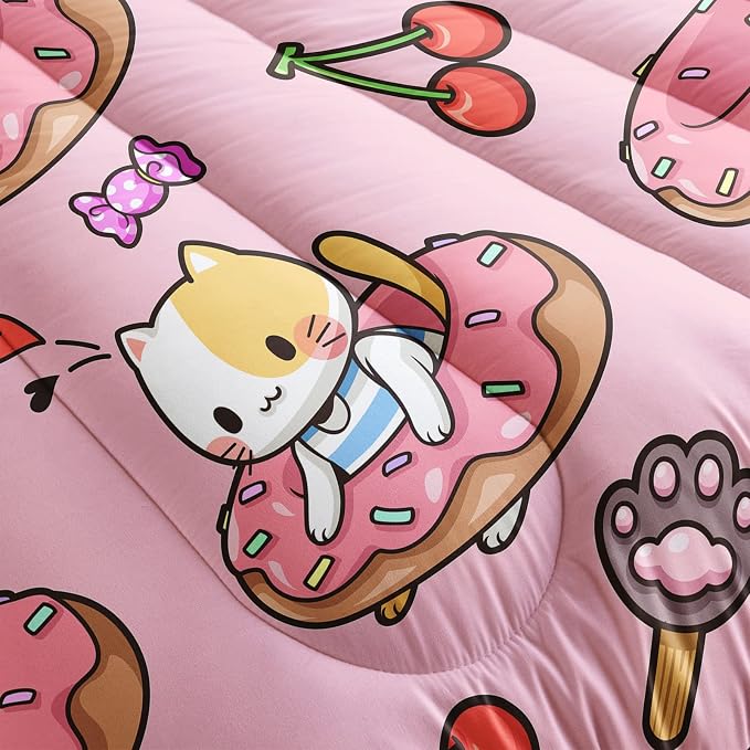 QOOMO Kawaii Cat Comforter Twin Size,Doughnut Cherry Cat Comforter Set for Kids Teens Girls,3Pcs Bedding Set Printed Comforter with 2 Pillowcases,Soft and Lightweight(Pink，Twin Size) - Image 5