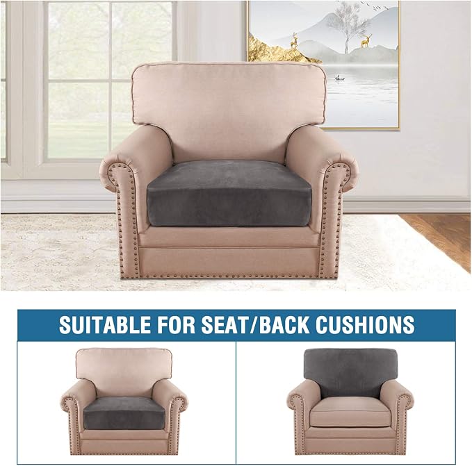 H.VERSAILTEX Velvet Stretch Couch Cushion Cover Plush Cushion Slipcover for Chair Cushion Furniture Protector Seat Cushion Sofa Cover (1 Piece Armchair Cushion Covers, Grey) - Image 3
