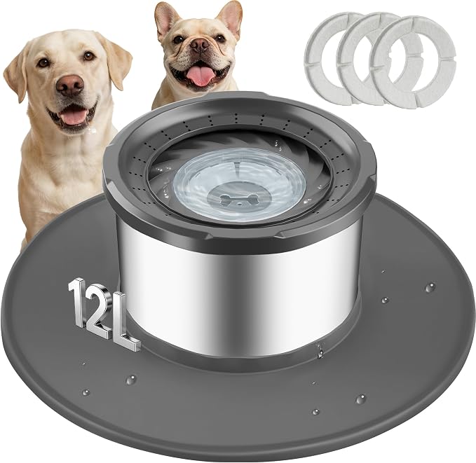 Decflow 12L No Spill Dog Water Bowl for Large Dogs, Stainless Steel Spill Proof Bowls with Suction Cup Anti-Skid Mat, Slow Drinking Feeder for Messy Drinkers, Heavy Duty Pet Bowls for Indoor/Outdoor by Decflow