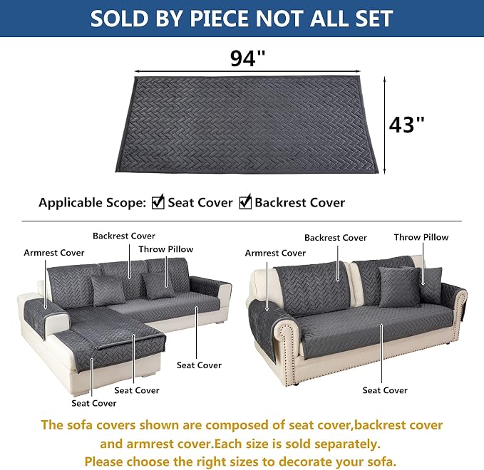 Eismodra Couch Cover,Sectional Couch Covers,Sofa Covers for 3 Cushion Couch,Anti-Slip Sofa Slipcovers for Dogs Cats Kids Loveseat Recliner L Shaped Armrest Backrest,Dark Gray 43''x94''(Only 1 Piece) - Image 5