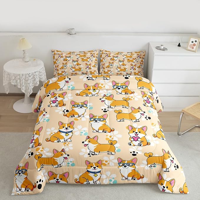 Cute Corgi Comforter Set Twin Size,Cartoon Dog Paw Bedding Set 2pcs for Kids Teens Boys Girls Room Decor, Smiling Dog Quilt Set Kawaii Yellow Duvet Insert with 1 Pillowcase - Image 5
