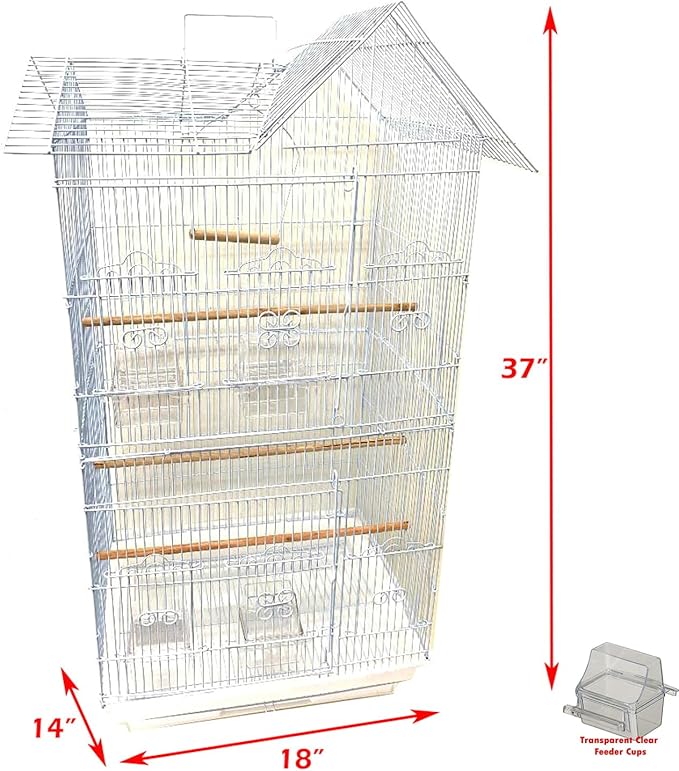 38-Inch Double Roof Top Large Flight Bird House Cage | Toys & Climbing Ladder, For Cockatiels Parakeets Aviary Budgie Finch Lovebird Canary, Travel Cage, Side Nest Box Doors - Image 2