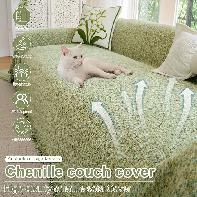 ROOMLIFE Green Sofa Cover, Vintage Boho Couch Cover for 3 Cushion Sofa, Soft Chenille Sofa Cover for Dog, Washable Furniture Sofa Protector Cover Blanket with Tassel for Living Room, 71 '' X 118'' - Image 2