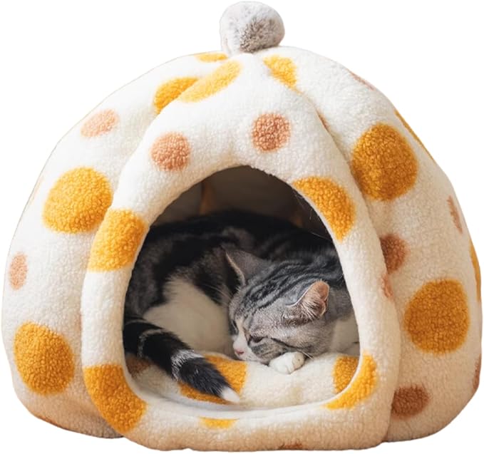 Cat Polka Dot Bed Cave, Plush Warm Enclosed Hideaway (Orange,Large) | Yurt-inspired semi-open den, Soft comfy interior, Spotted pattern, Winter nap spot, Small apartment pet furniture by Urnat