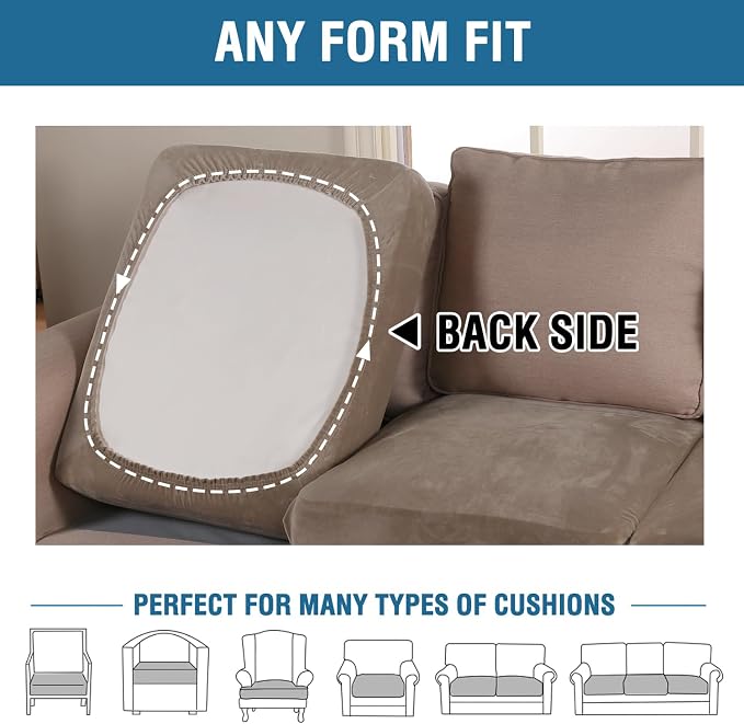H.VERSAILTEX Velvet Stretch Couch Cushion Cover Plush Cushion Slipcover for Chair Loveseat Sofa Cushion Furniture Protector Seat Cushion Sofa Cover (2 Piece Large Sofa Cushion Covers, Mocha) - Image 5