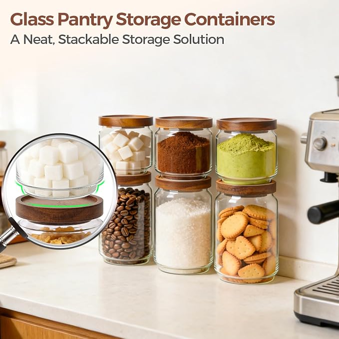 ComSaf Glass Pantry Storage Container with Acacia Wood Lids 1.1/0.5Qt 6Pack | Food Canister for Cooks, Oats Coffee Sugar Nuts Snacks Tea Candy, Pantry Kitchen Living Room, Stacked Design, Jar with Labels - Image 4