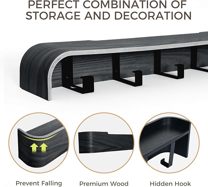 Coat Rack Wall Mount with Shelf Entryway Shelf Modern Key Holder Hanger Wall Shelves with Hidden Hooks for Hanging Towels Coats Hats Bags for Hallway Bathroom Bedroom(Black, 4 Hooks) - Image 5