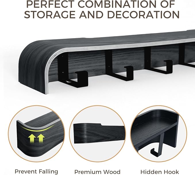 Coat Rack Wall Mount with Shelf Entryway Shelf Modern Key Holder Hanger Wall Shelves with Hidden Hooks for Hanging Towels Coats Hats Bags for Hallway Bathroom Bedroom (Black, 5 Hooks) - Image 5