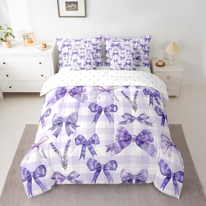Feelyou Purple Bowknot 7 Piece Bedding Set Lavender Flower Comforter Set with Sheets for Kids Boys Girls Purple Stripe Bed in a Bag Princess Theme Bed Set Soft Lightweight - Image 2
