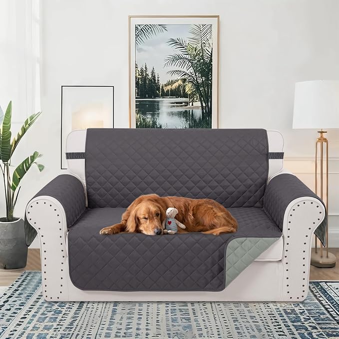 Reversible Loveseat Couch Sofa Covers, 2-Seater, Dark Grey | Loveseat Covers for Dogs Water Repellent, Friendly Furniture Protector with Elastic Straps for Living Room - Image 2