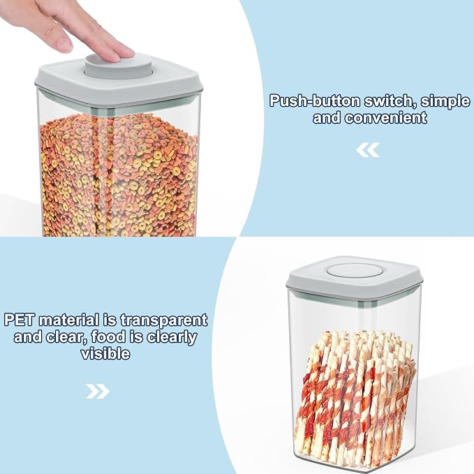 LEAWALK 4.2Qt 2Pack Airtight Dog Cat Food Storage Container and Dog Treat Containers BPA-Free, PET Clear Stackable Pet Storage Bin, 1 Cup Scoop, 1 Sponge cleaning brush, Pop Top, With handle (Grey) - Image 3