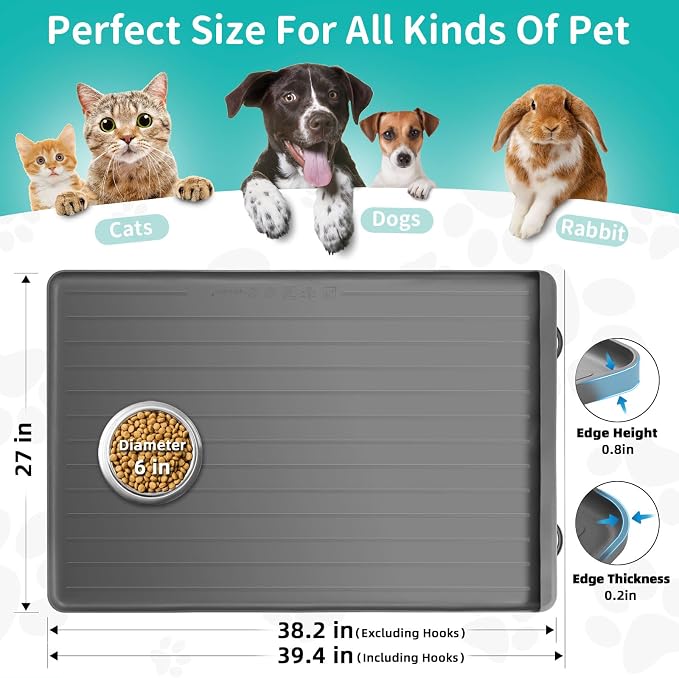 Dog Mat for Food and Water - 39.4" x 27" Large Pet Feeding Mats with Residue Collection Pocket - Waterproof Dog Cat Bowl Mat with High Edges to Prevent Water and Food Spills (Light Grey) | Waterproof Pet Bowl Mat with Residue Collection Pocket and High... - Image 2