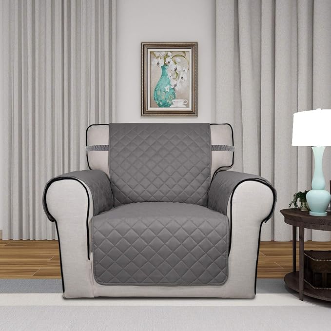 PureFit Reversible Quilted Sofa Cover, Water Resistant Slipcover Furniture Protector, Washable Couch Cover with Non Slip Foam and Elastic Straps for Kids, Dogs, Pets (Chair, Gray/Light Gray) Small | Gray/Light Gray, Water Resistant Couch Protector, Was... - Image 2