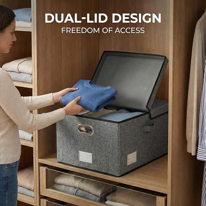PRANDOM Storage Bins with Lids [3-Pack] Linen Fabric Foldable Storage Boxes Organizer Containers Baskets Cube with Cover for Bedroom Closet Office Grey(23.4X15.9X11.4) - Image 4