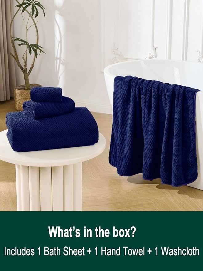 Extra Large Bath Sheet Set 3-Piece, 1 Bath Towel 40x80 Inches, 1 Hand Towel, 1 Washcloth, Soft Absorbent Quick Dry Microfiber Towel for Bathroom Beach Pool Gym Spa, Navy Blue - Image 3