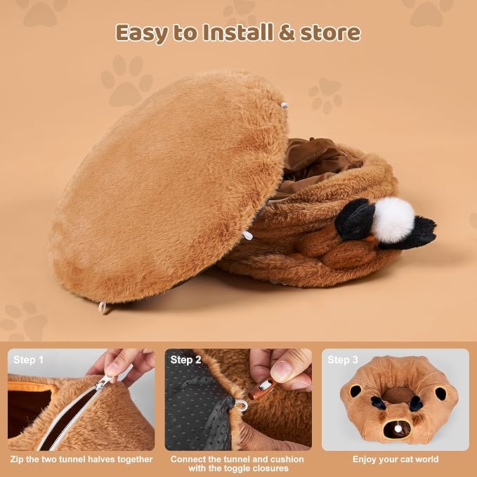Cat Tunnel Bed with 20 Pcs Interactive Toys, 3-in-1 DIY Collapsible Plush Cat Tube with Washable Mat, Large Indoor Play Tunnel Cave for Kittens and Small Animals - Image 5