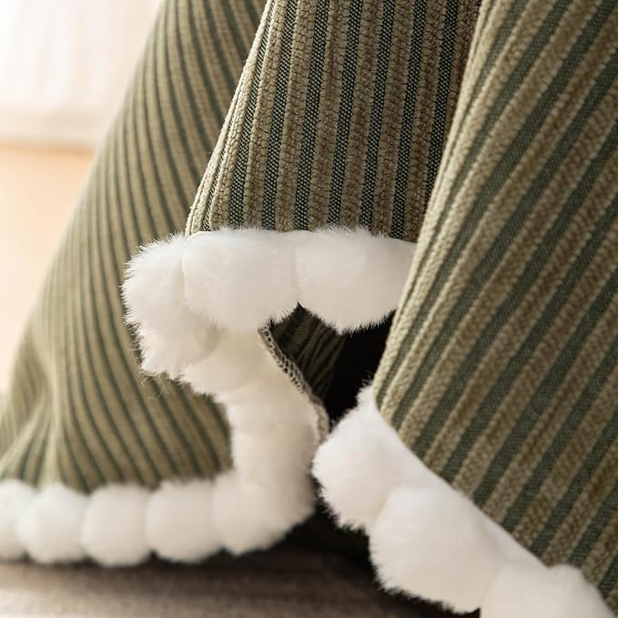 DREAMINGO Striped Chenille Couch Cover Blanket Washable Furniture Protector for Pets/Kids Farmhouse Modern Style Decorative Sofa Throw Cover for Living Room, Pom Pom Trim, Green, 71"x150" - Image 7