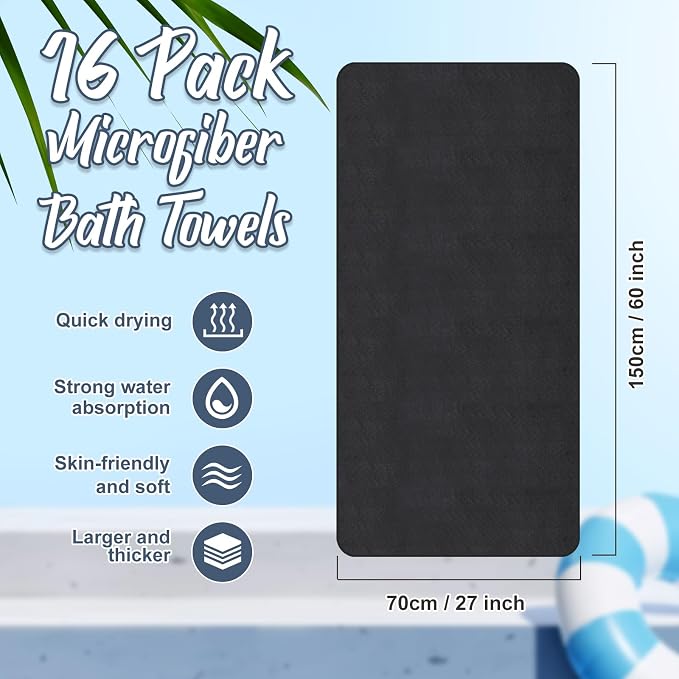 SmoothNovelty 16 Pack Microfiber Bath Towels Bulk 27'' x 60'' Oversized Size Bath Towel Highly Absorbent Extra Large Soft Drying for Beach Shower Summer Salon Sport Gym Party (Wheat,Black) - Image 2