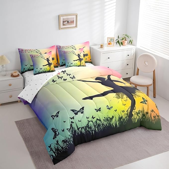 Feelyou Ballet 7 Piece Bedding Set Full Size Cute Ballet Comforter Set with Sheets for Kids Teens Toddler Dancing Girl Bed in a Bag Butterfly Bed Set - Image 2