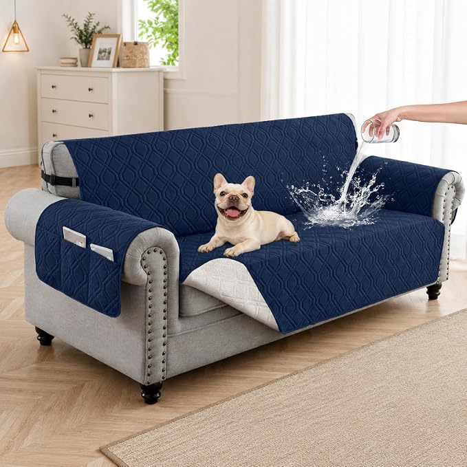100% Waterproof Quilted Couch Cover,Straps&Pockets,68" Navyblue | Washable sofa cover, pet-friendly, scratch-resistant furniture protector, quilted sofa cover, reversible, non-slip backing. by Unknown