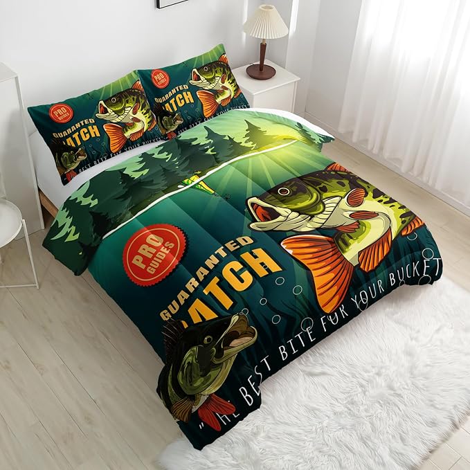 Nttopship Big Pike Fish Comforter Sets, Hunting and Fishing Pattern Bedding Set Queen Size for Kids,Fishing Underwater Animals Bedding Sets All Season 1 Comforter and 2 Pillowcases - Image 3