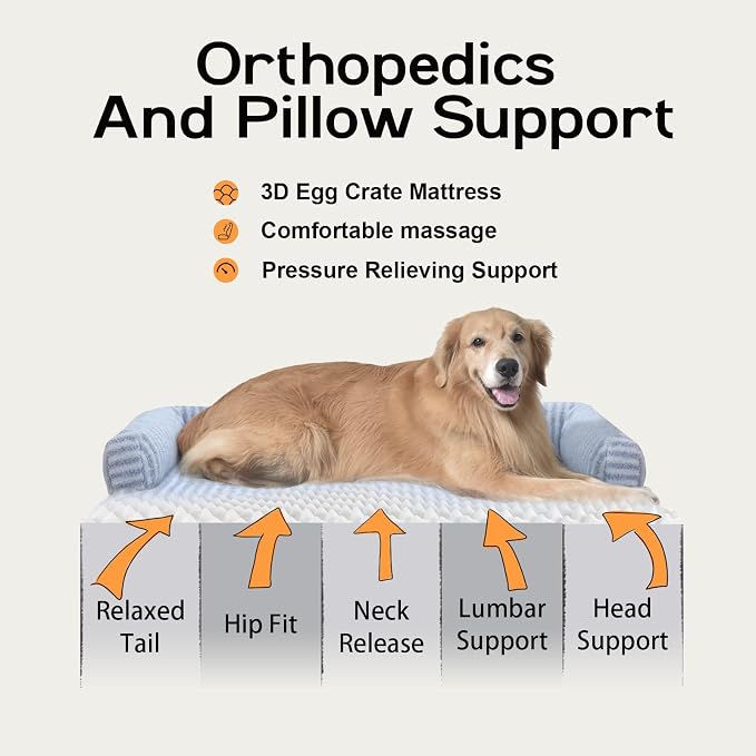 MEKIY Orthopedic XL Dog Bed with Bolster for Extra Large Size Dogs | Pillow Support for Neck Relief, Egg Crate Foam, Skin-Friendly Surface, Waterproof Liner, Anti-Slip Bottom, 42 x 30 Inch - Image 2