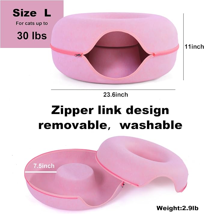 Large Cat Tunnel Bed for Indoor Cats with 3 Toys, Scratch Resistant Donut Cat Bed, Up to 30 Lbs (L 24x24x11, Pink) - Image 4