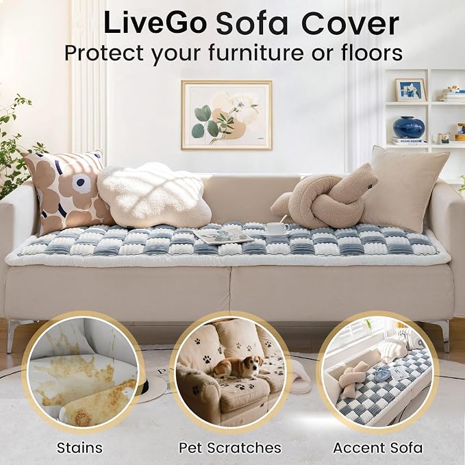LiveGo Couch Cover for Dogs Washable, Sofa Cover Protector, Couch Covers for 3 Cushion Couch Sofa Pet Friendly, Soft, Non Slip (Cream Blue, 70x180 cm / 27.6x70.9 in) - Image 4