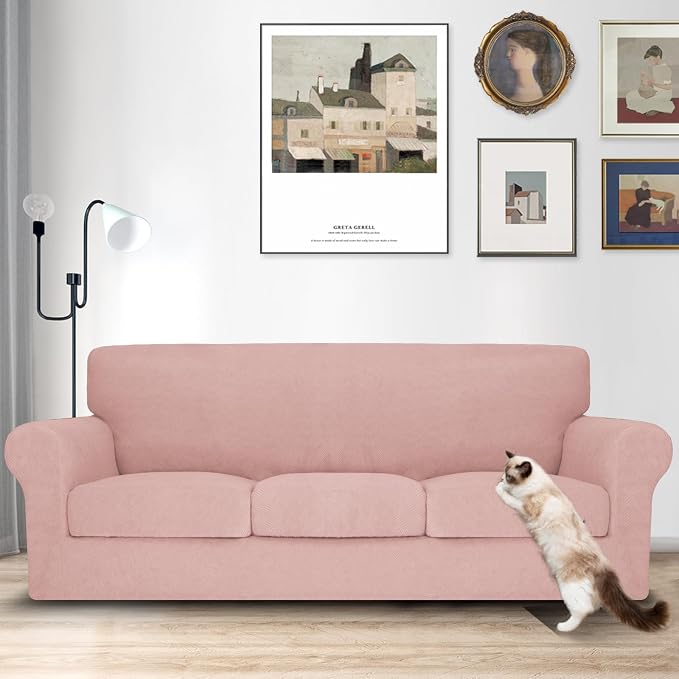 MAXIJIN 4 Piece Couch Covers for 3 Cushion Couch Sofa Covers, Stretch Couch Slipcovers for Sofas with 3 Cushions, Thick 3 Seat Furniture Protector for Dogs Pet (71"-91", Dusty Pink) - Image 2