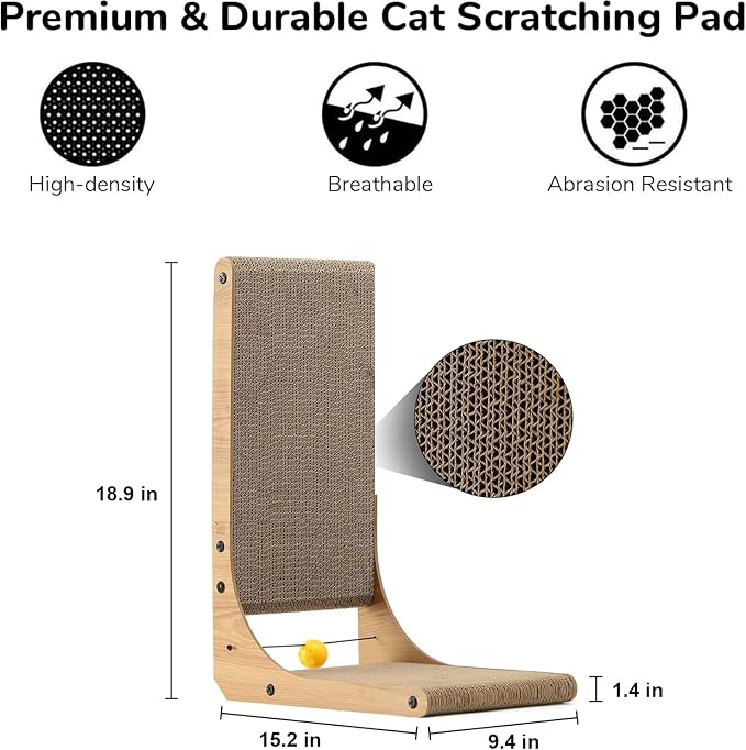 FUKUMARU Cat Scratcher, 18.9 Inch L Shaped Cat Scratch Pad for Indoor Cats | Vertical Cat Scratching Board with Ball Cat Toy, Cardboard Cat Scratcher for Wall Sofa Couch, Kitten Scratching Post - Image 3