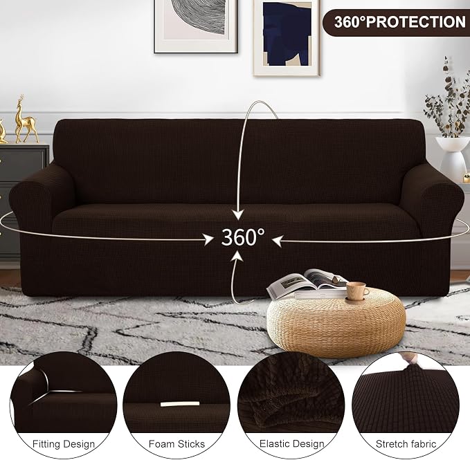 U-NICE HOME 4 Seater Stretch Couch Cover for 3 Cushion Sofa, Chocolate | 1-Piece Sofa cover, Washable, Pet friendly, Furniture protector, Polyester Spandex Jacquard fabric - Image 3