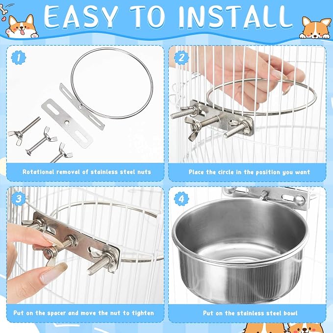 Silkfly 14 Pack Stainless Steel Hanging Dog Crate Bowls, Non-Spill Kennel Food & Water Bowls with Screw Clamp Holders, Removable, Easy to Clean Metal Cage Feeder for Pets(19 oz) - Image 5