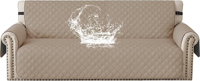 Waterproof Couch Cover for Pets, Sofa Covers for 3 Cushion Couch Washable, Non Slip Couch Covers for Dogs with Side Pockets Elastic Straps, Quilted Couch Covers for Sofa (Sofa, Light Brown) by CYCMACOHOME