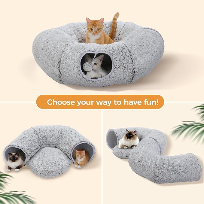 PEQULTI Cat Tunnel with Bed for Indoor Cats, Cat Play Donut Tunnel with Washable Soft Plush Mat, Round Cat Tunnel Toys Cute Cat Tube for Kittens, Puppies, Rabbits and Ferrets, Grey - Image 3