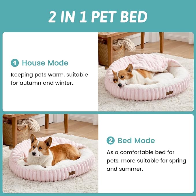 Small Dog Bed with Hooded Blanket, Round Fluffy Anti-Anxiety Pet Bed for Small Dogs & Medium Dogs, Cozy Donut Cuddler with Machine Washable Faux Fur & Anti-Slip Bottom(26"×26"×7",Pink) - Image 3