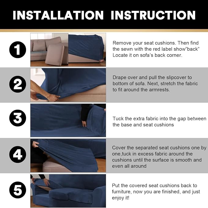 PrinceDeco Velvet Couch Covers for Sofa Soft 4 Pieces Couch Covers for 3 Cushion Couch Sofa Pet Friendly Furniture Protector with Non Slip Elastic Bottom Width Up to 97 Inch (Large Sofas, Navy) - Image 7