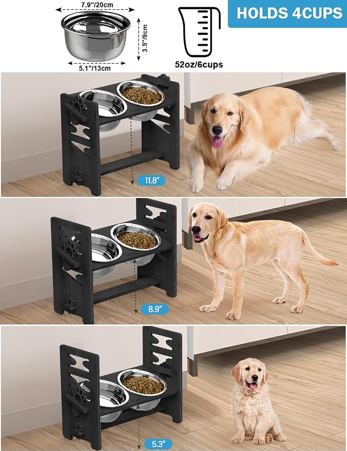 Vantic Elevated Dog Bowls, Raised Bowl Stand Adjustable Large/XLarge, Black | Bamboo Elevated Feeder with 2 Stainless Steel Bowls, Adjustable Height Stand for Large and Extra-Large Dogs - Image 2