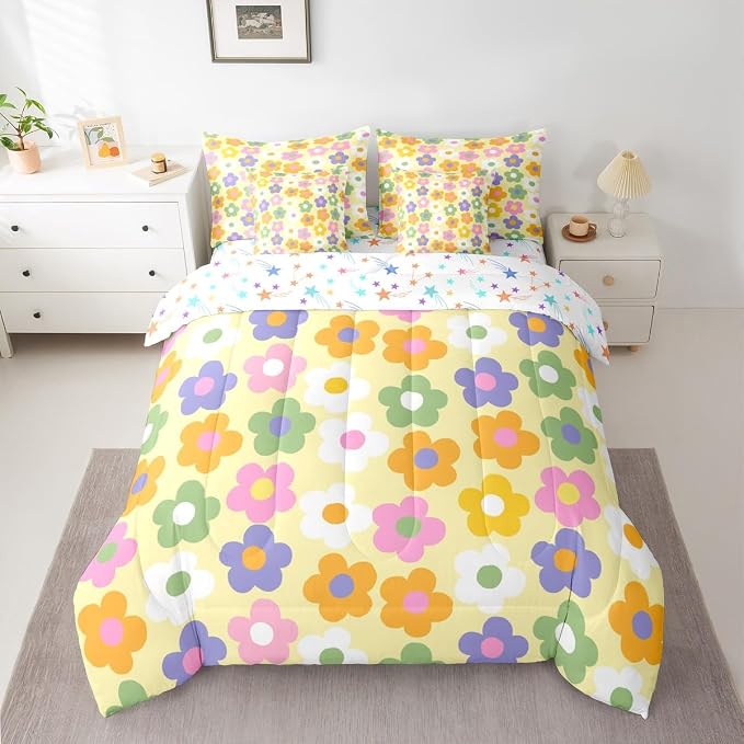 Feelyou Cute Flower 7 Piece Bedding Set Colorful Floral Comforter Set with Sheets for Kids Boys Girls Kawaii Theme Bed in a Bag Yellow Bed Set Soft Lightweight - Image 2