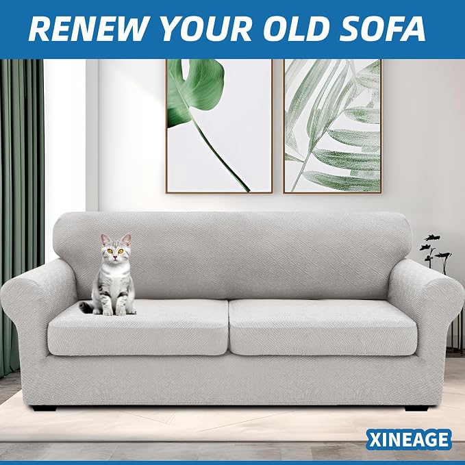 XINEAGE 2026 New 3 Pieces Couch Covers for 2 Extra Large Cushion Sofa Super Stretch Sofa Cover for 2 Large Seat Universal Loveseat Slip Cover for Living Room (Silver Grey), 71"-91"(2 Cushions) - Image 4
