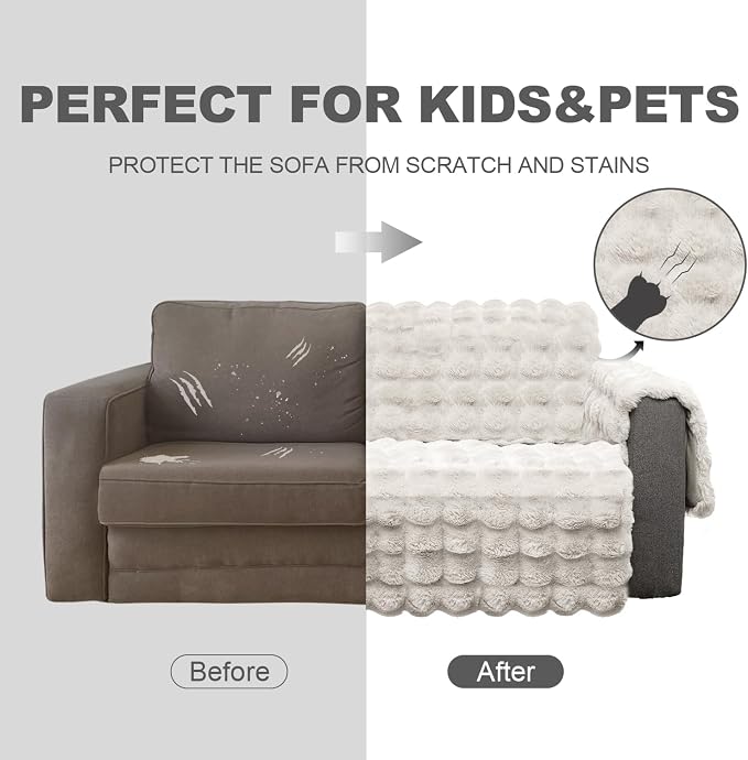 Plush and Fuzzy Shaggy Couch Cover, Dog Pad Faux Fur Sofa Cover, Water Resistant Slipcover, Non-Slip Furniture Protector for Kids,Dogs,Cats.(White-Bubble, X-Large Sofa) - Image 4