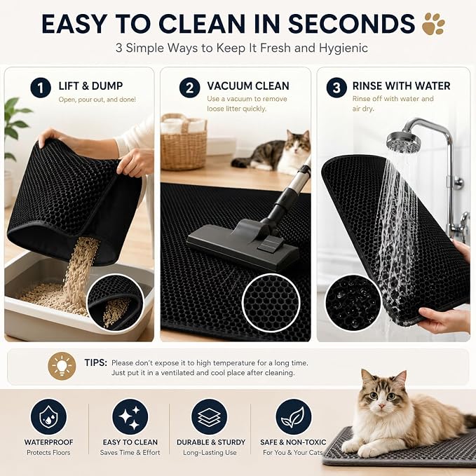 Cat Litter Box Mat Double Layer Trapping Mat Easy-Clean Waterproof Urine Proof(Black 30x22in) - Image 4