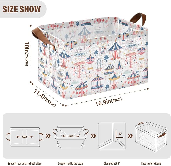 Dreamland Amusement Park Baby Storage Basket with Labels&Handles Rectangular Waterproof Nursery Storage Bins Collapsible Shelf Organizer Baskets for Kids Books Cloth Gift Toys Laundry, 2 Pack - Image 6