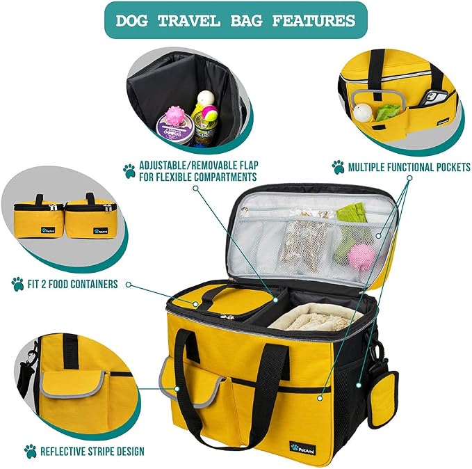 PetAmi Dog Travel Bag Organizer, Pet Travel Kit with 2 Food Containers & 2 Collapsible Dog Bowls, Pet Supplies Tote with Luggage Sleeve, Weekend Road Trip Camping Essentials, Yellow, Medium - Image 4