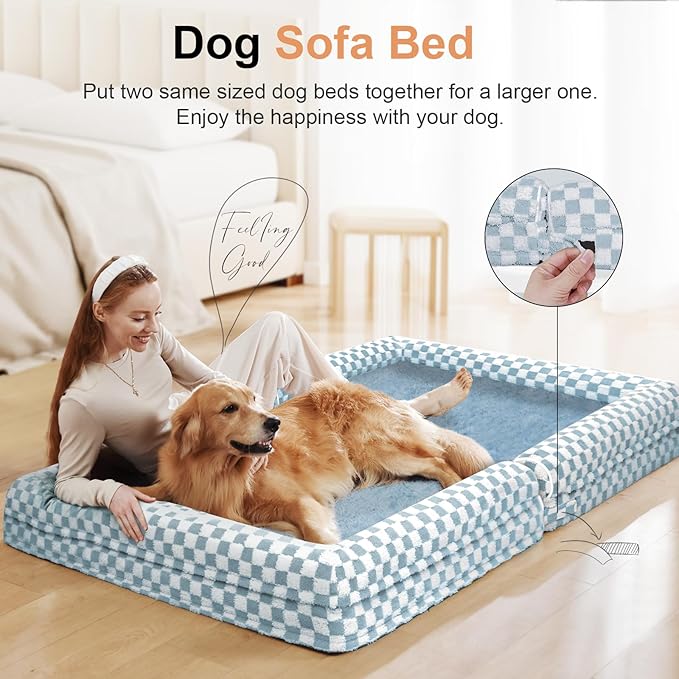NANUYA Orthopedic Dog Bed for Large Dogs, 38 x 25 Inch, Blue Grid | Egg crate foam for joint support, 3-sided bolster pet sofa, waterproof lining, washable cover, and non-skid base - Image 3