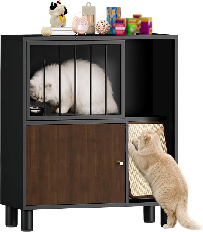 Dog Proof Cat Feeding Station, Metal Cat Feeding Cabinet, Black | Elevated Cat Feeding Station, Pet Food Station with Storage, Cat Bowl Stand, Scratching Board, Stainless Steel Bowls by VKTO