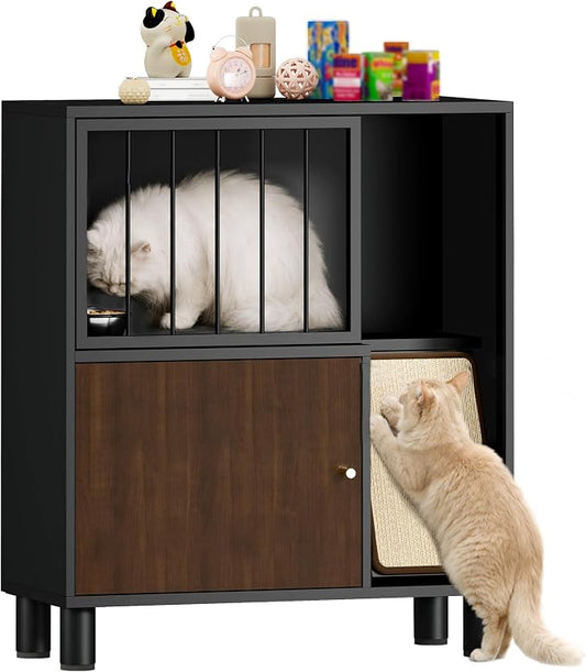 Dog Proof Cat Feeding Station, Metal Cat Feeding Cabinet, Black | Elevated Cat Feeding Station, Pet Food Station with Storage, Cat Bowl Stand, Scratching Board, Stainless Steel Bowls by VKTO