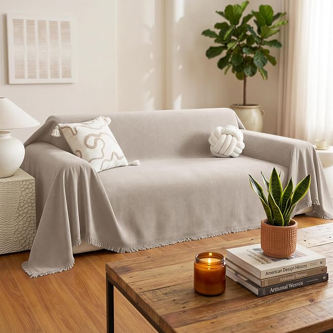 Chenille Couch Cover for Dogs, Boho Sofa Cover Washable Couch Cover, 3 Cushion Sofa Cover, Pet Throw Blankets for Couches with Tassel Furniture Protector Covers,71"×118",Khaki - Image 2