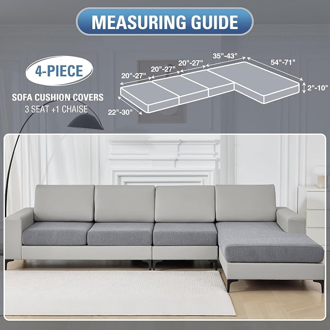 Couch Cushion Covers for Sectional Sofa Stretch Sofa Slipcovers Washable Wear-Resistant Sectional Couch Covers L Shaped Seats Furniture Protectors for Pets(Light Grey, 3 Seater+1 Chaise) - Image 2