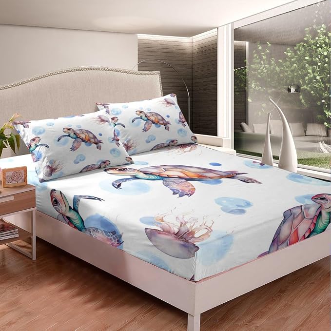 Tropical Sea Turtle Bedding Set - 4 Piece Coastal Printed Decor with Flat Sheet, Full, Blue Red White - Image 4